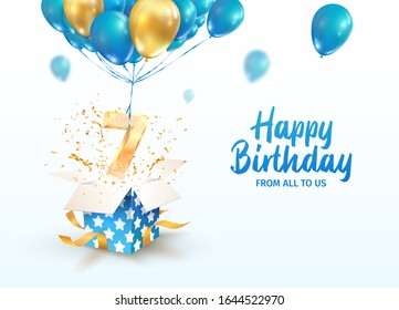 Celebrating of 7th years birthday vector 3d illustration. 7 years anniversary and open gift box with explosions confetti and number seven flying on balloons