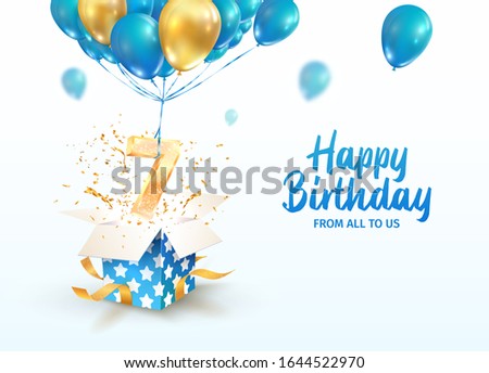 Celebrating of 7th years birthday vector 3d illustration. 7 years anniversary and open gift box with explosions confetti and number seven flying on balloons