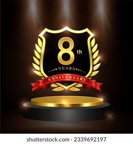 Celebrating 8 years anniversary logo with golden shield and ribbon, laurel wreath, cylinder podium vector design.