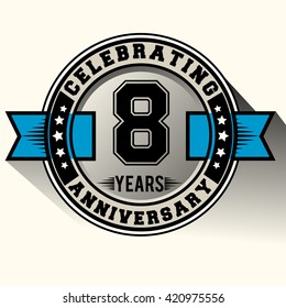 Celebrating 8 years anniversary logo vintage emblem with blue ribbon. Retro vector background.