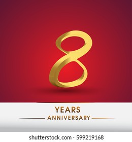 Celebrating of 8 years anniversary, logotype golden colored isolated on red background