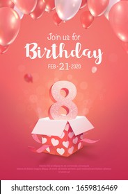 Celebrating of 8 years birthday vector 3d illustration on soft background. Eight years anniversary and open gift box with balloons poster template