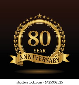 Celebrating 80 years anniversary with golden ring and ribbon on dark background, vector design.