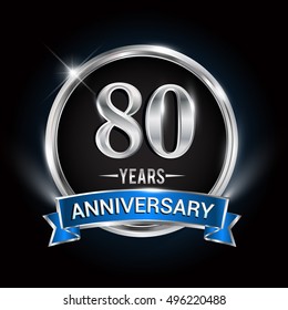 Celebrating 80 years anniversary logo with silver ring and blue ribbon.