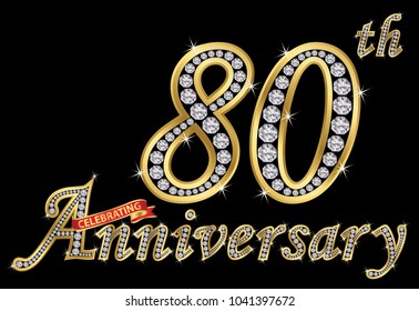 Celebrating  80th anniversary golden sign with diamonds, vector illustration