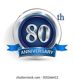 Celebrating 80th anniversary logo, with silver ring and blue ribbon isolated on white background