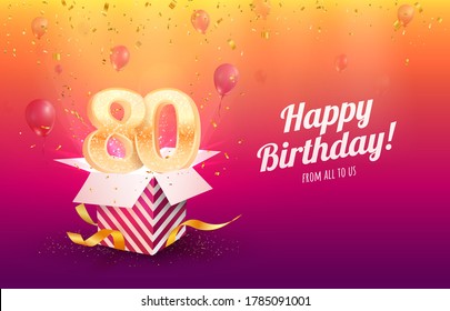 Celebrating 80th years birthday vector illustration. Eighty anniversary celebration background. Adult birth day. Open gift box with flying holiday numbers 