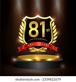 Celebrating 81 years anniversary logo with golden shield and ribbon, laurel wreath, cylinder podium vector design.