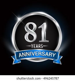 Celebrating 81 years anniversary logo with silver ring and blue ribbon.