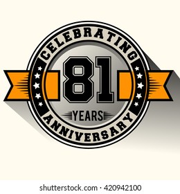Celebrating 81st years anniversary logo vintage emblem with yellow ribbon. Retro vector background.