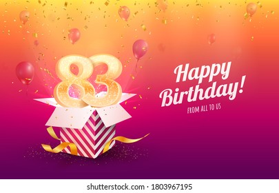 Celebrating 83th years birthday vector illustration. Eighty-three anniversary celebration background. Adult birth day. Open gift box with flying holiday numbers 