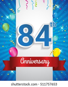 Celebrating 84th Anniversary logo, with confetti and balloons, red ribbon, Colorful Vector design template elements for your invitation card, flyer, banner and poster.