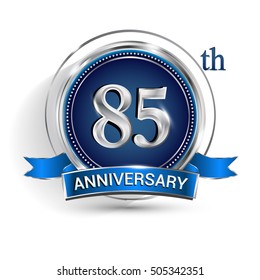 Celebrating 85th anniversary logo, with silver ring and blue ribbon isolated on white background.