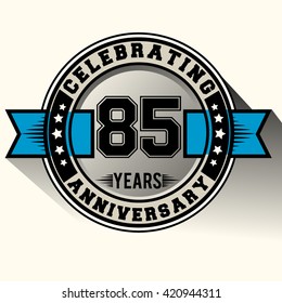 Celebrating 85th years anniversary logo vintage emblem with blue ribbon. Retro vector background.