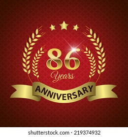 Celebrating 86 Years Anniversary - Golden Laurel Wreath Seal with Golden Ribbon - Layered EPS 10 Vector 