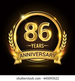 Celebrating 86 years anniversary logo. with golden ring and ribbon.