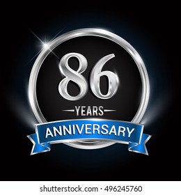 Celebrating 86 years anniversary logo with silver ring and blue ribbon.