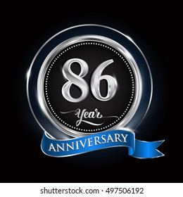 Celebrating 86 years anniversary logo. with silver ring and blue ribbon.