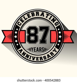 Celebrating 87 years anniversary logo vintage emblem with red ribbon, Retro vector design isolated on white background