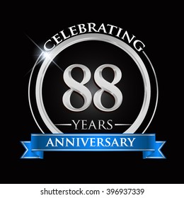 Celebrating 88 years anniversary logo. with silver ring and blue ribbon.