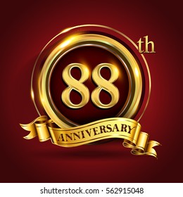 Celebrating 88th golden anniversary, eighty eight years birthday logo celebration with gold ring and golden ribbon.