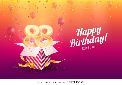 Celebrating 88th years birthday vector illustration. Eighty-eight anniversary celebration background. Adult birth day. Open gift box with flying holiday numbers 