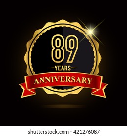 Celebrating 89 years anniversary logo with red ribbon and golden shiny badge, vector design.