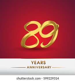 Celebrating of 89 years anniversary, logotype golden colored isolated on red background