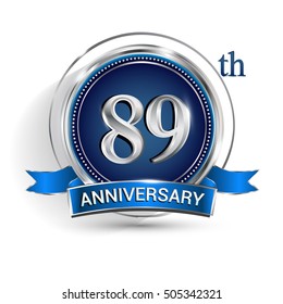 Celebrating 89th anniversary logo, with silver ring and blue ribbon isolated on white background.