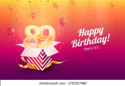 Celebrating 89th years birthday vector illustration. Eighty-nine anniversary celebration background. Adult birth day. Open gift box with flying holiday numbers 