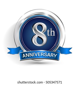 Celebrating 8th anniversary logo, with silver ring and ribbon isolated on white background.
