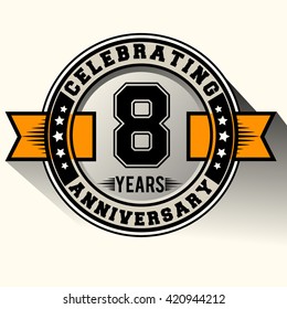 Celebrating 8th years anniversary logo vintage emblem with yellow ribbon. Retro vector background.