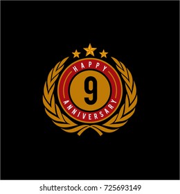 Celebrating 9 Anniversary Emblematic Badge Vector Illustration Red and Yellow Gold