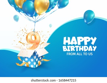 Celebrating of 9 th years birthday vector 3d illustration. Ninth anniversary celebration. Open gift box with explosions confetti and number nine flying on balloons on light background