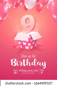 Celebrating of 9 years birthday vector 3d illustration on soft background. Nine years anniversary celebration and open gift box with balloons poster template