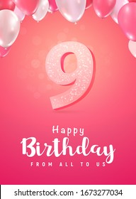 Celebración de 9 años de la ilustración vectorial 3d sobre fondo blando. Celebración de nueve años y caja de regalo abierta con plantilla de póster de globos