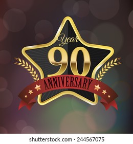 Celebrating 90 Years Anniversary - Golden Star with Laurel Wreath Seal with Red Golden - Layered EPS 10 Vector.