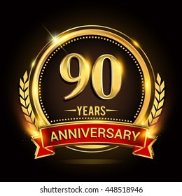 Celebrating 90 years anniversary logo with golden ring and red ribbon.