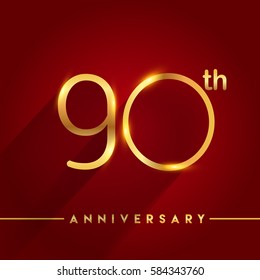 Celebrating of 90 years anniversary, logotype golden colored isolated on red background, vector design for greeting card and invitation card