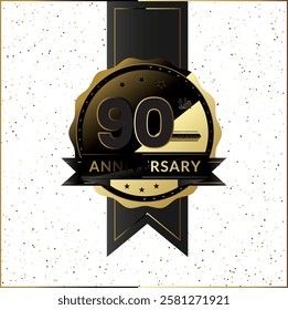 Celebrating 90th anniversary logo with gold ribbon and badge ribbon, sparkling white background and editable vector design.