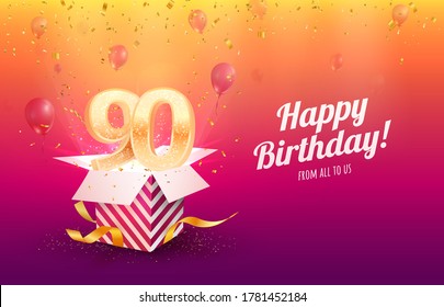 Celebrating 90th Years Birthday Vector Illustration. Ninety Anniversary Celebration Background. Adult Birth Day. Open Gift Box With Flying Holiday Numbers 