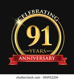 Celebrating 91 years anniversary logo. with golden ring and red ribbon.
