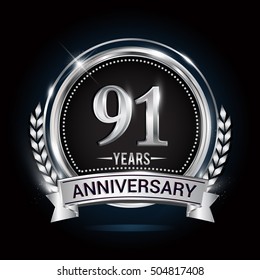 Celebrating 91 years anniversary logo. with silver ring and blue ribbon,
