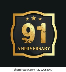 Celebrating 91st years anniversary with golden border and stars on dark background, vector design.
