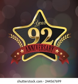 Celebrating 92 Years Anniversary - Golden Star with Laurel Wreath Seal with Red Golden - Layered EPS 10 Vector.