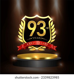 Celebrating 93 years anniversary logo with golden shield and ribbon, laurel wreath, cylinder podium vector design.