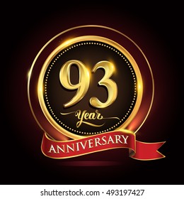 Celebrating 93 years anniversary template logo with golden ring and red ribbon.