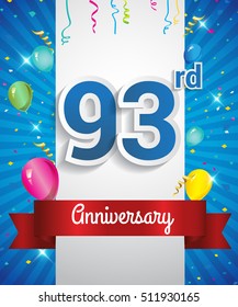 Celebrating 93rd Anniversary logo, with confetti and balloons, red ribbon, Colorful Vector design template elements for your invitation card, flyer, banner and poster.