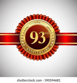 Celebrating 93rd anniversary logo, with golden badge and red ribbon isolated on white background.