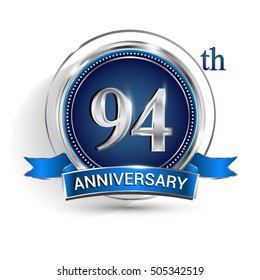 Celebrating 94th anniversary logo, with silver ring and blue ribbon isolated on white background.